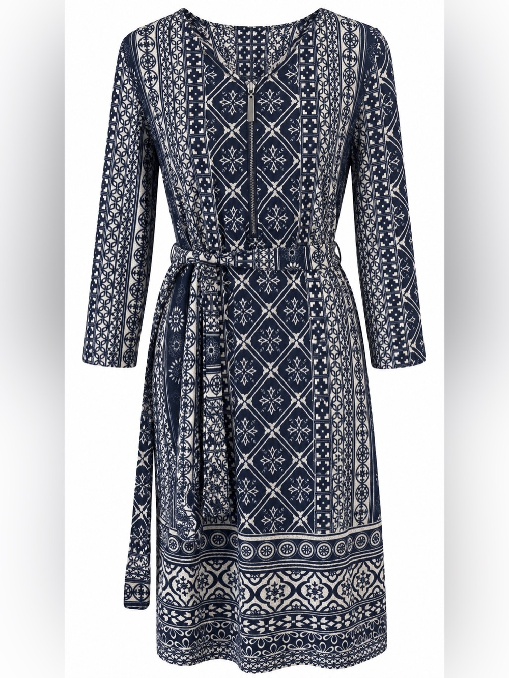 Tacera Navy and White Knee Length Boho Patterned Belted w Sleeves Midi Dress